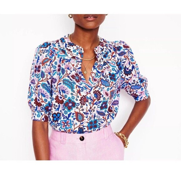 Boden Womens Shirt Blouse Size 10 100% Linen Oriental Paradise Floral Paisley - Picture 1 of 7